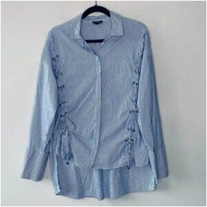 Topshop Eyelet Lace Up Shirt Striped Long Sleeve Size 10